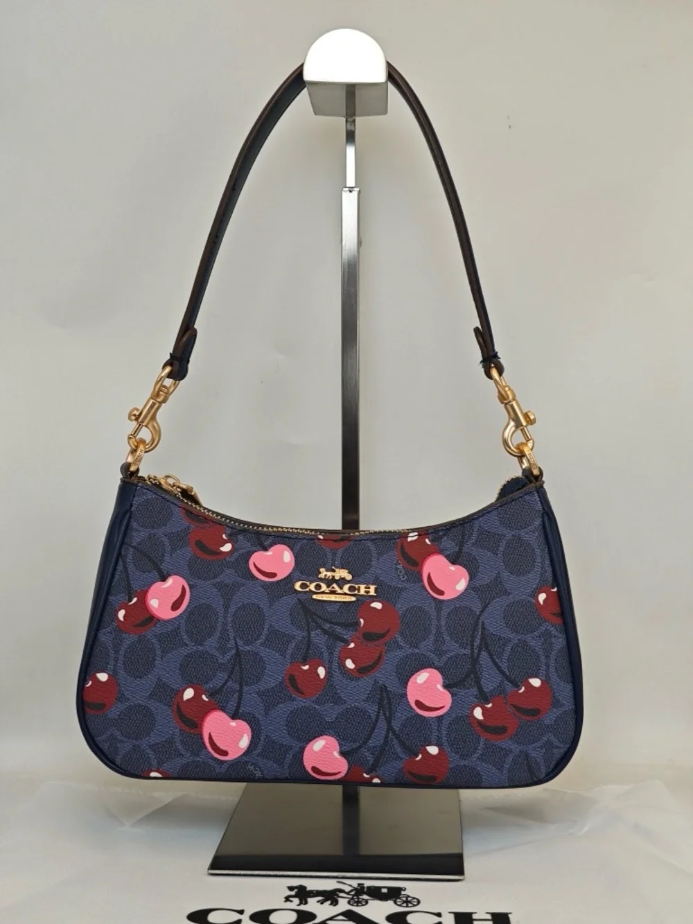 Coach Navy Cherry Print Shoulder Bag with Pink & Red Accents